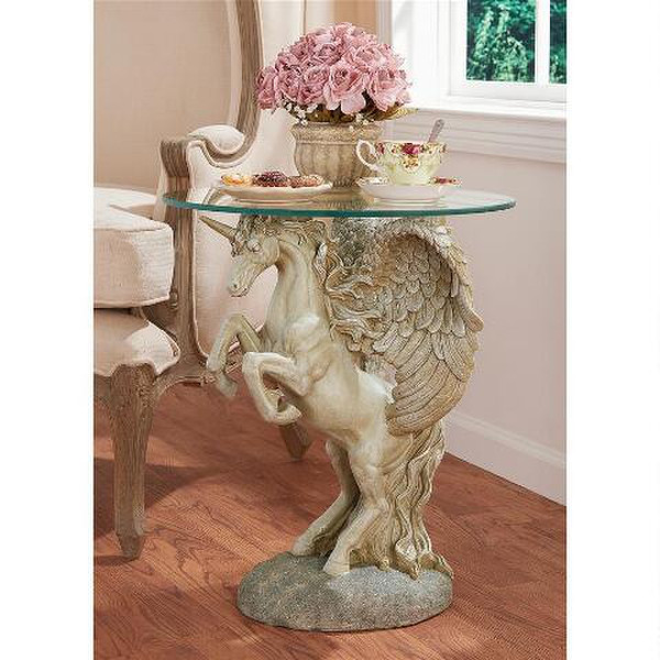 Cocktail Mystical Winged Unicorn Sculptural Glass Topped Table Statue